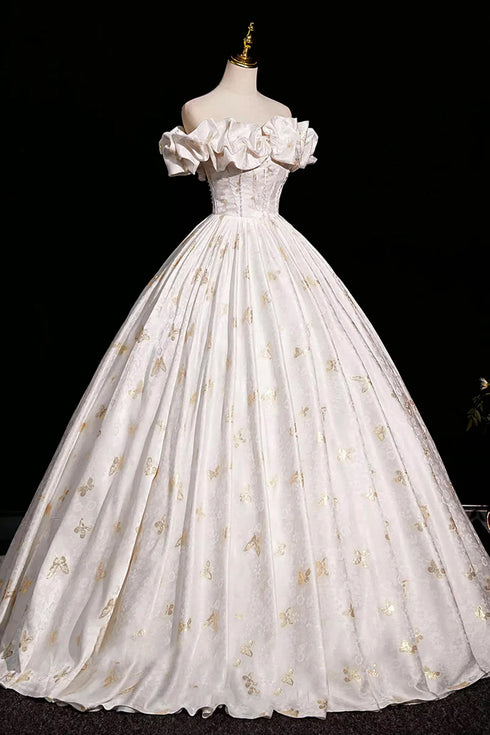 Beautiful A-line Floral Satin Off Shoulder Long Formal Gowns, Satin Floor Length Prom Dress